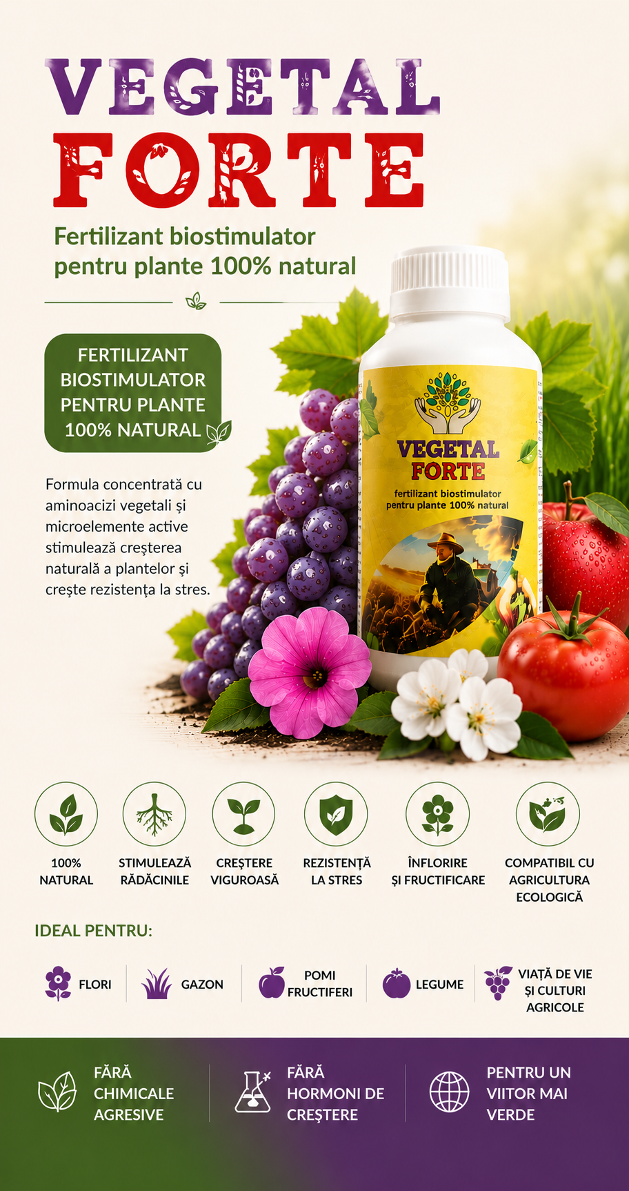 Fertilizant biostimulator pentru plante, 100% natural - VegetalForte 500ml